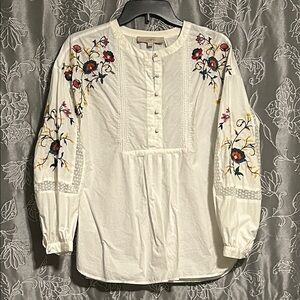 LOFT White Blouse with Floral Embroidery